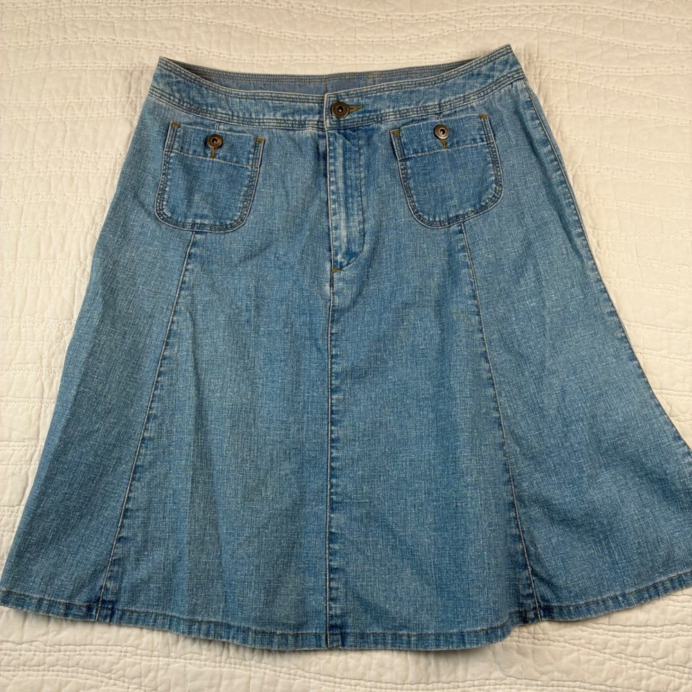 Vtg Liz Claibore Blue Denim Skirt 8 Linen Cotton A Line Midi Flared Boho Y2K